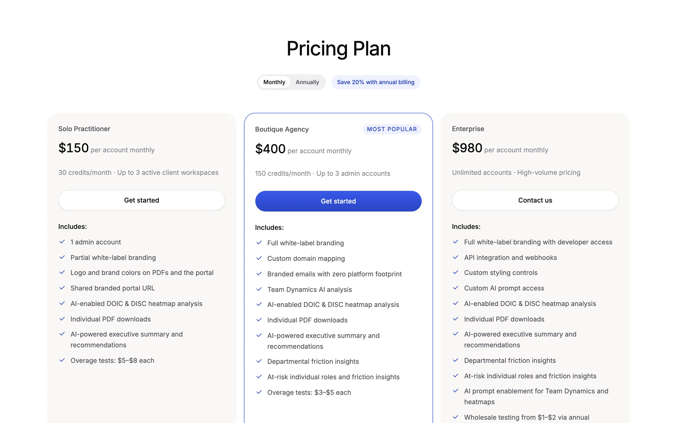 The redesigned pricing section: billing toggle, highlighted tier, and full feature lists