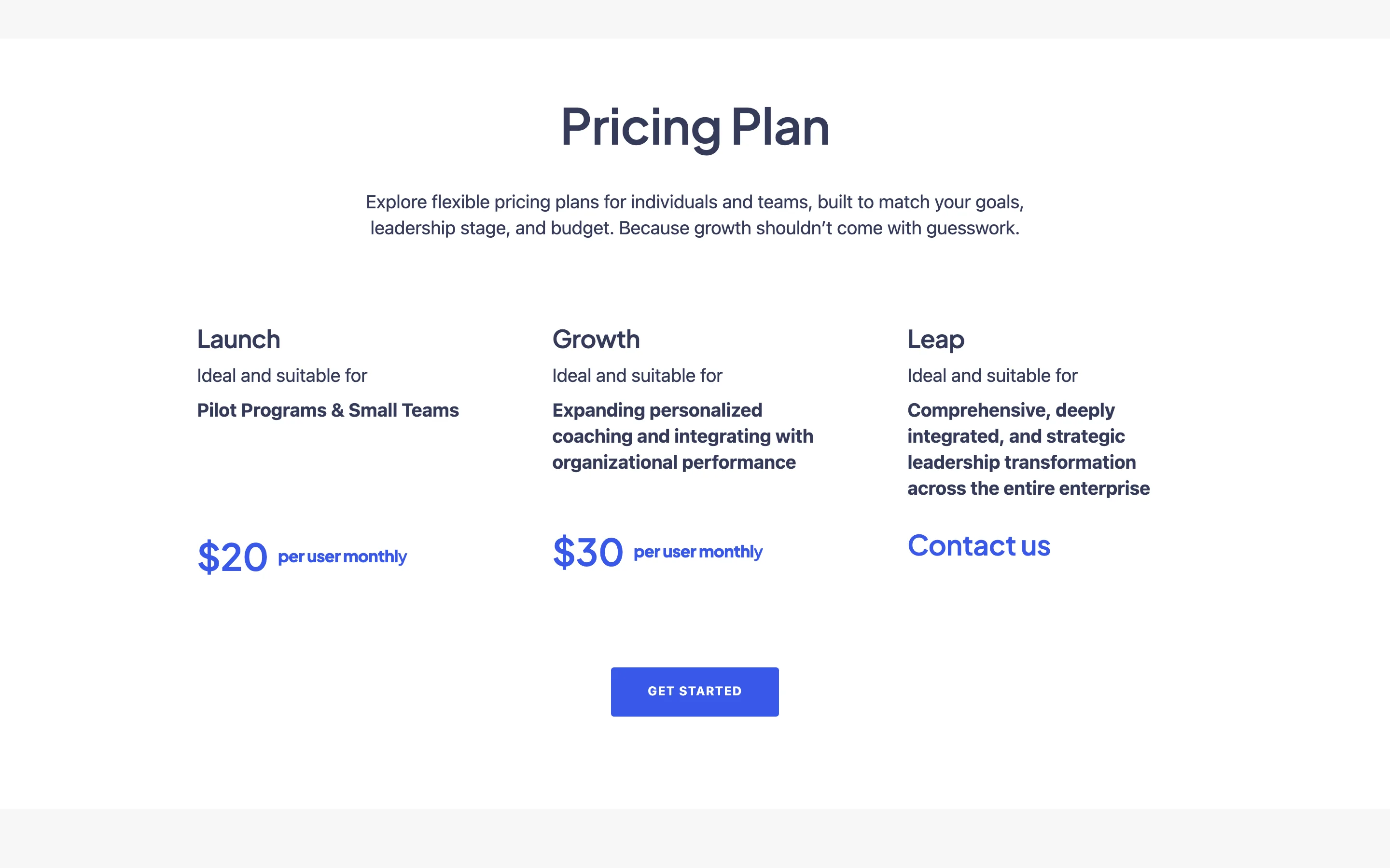 The original pricing section: three columns of plain text