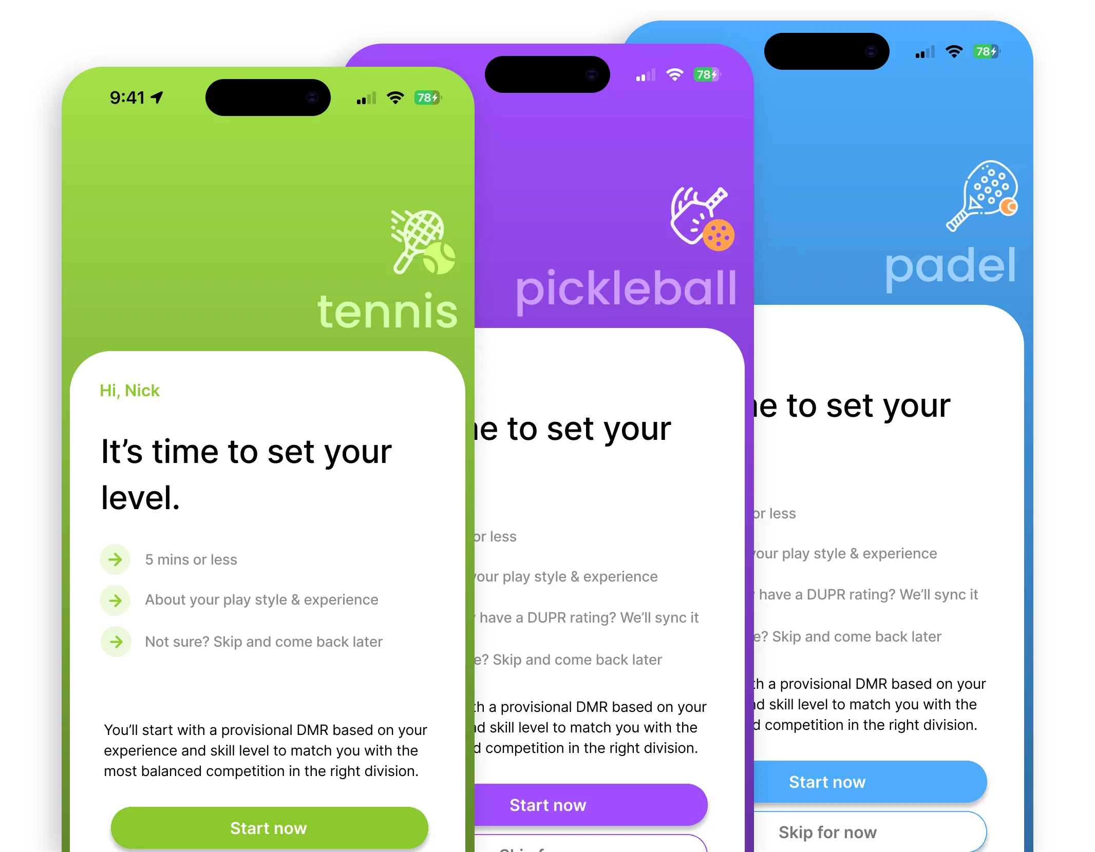 DEUCE League skill assessment onboarding for tennis, pickleball, and padel