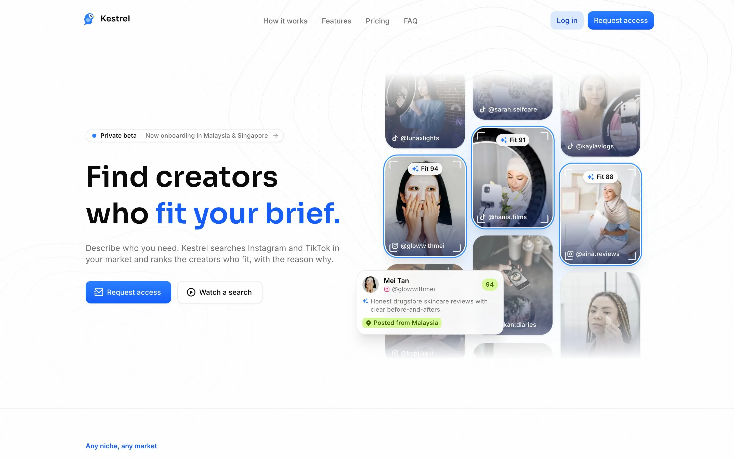 The Kestrel landing page: find creators who fit your brief